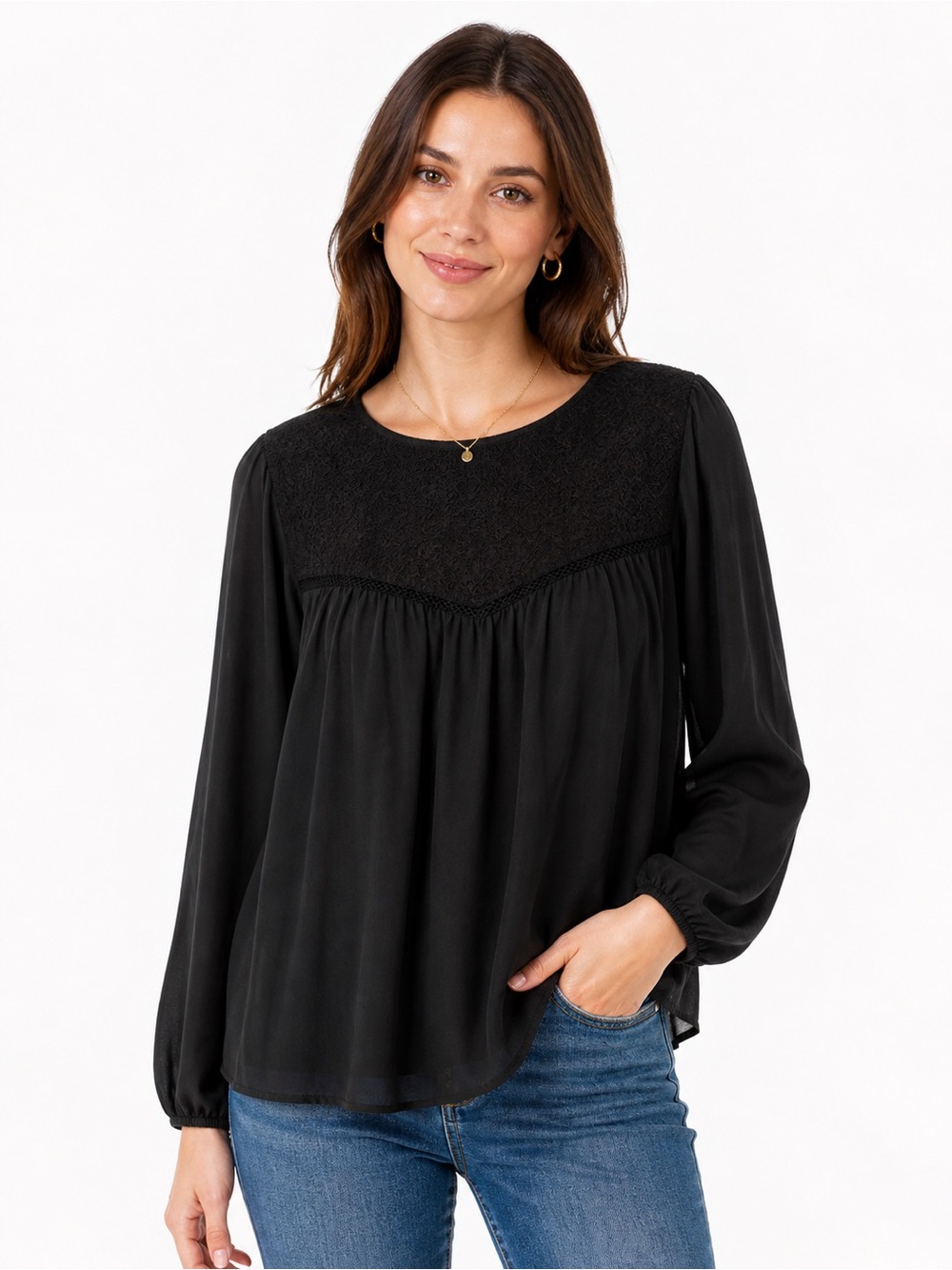 Old Navy Black Lace Yoke Long Sleeve Top - 0480
